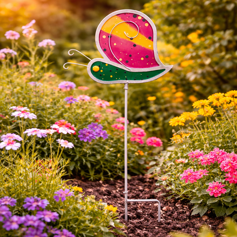 Bunter glas gartenstecker schnecke 60cm aus bemaltem metall mit rosa und gelbem gepunktetem schneckenhaus