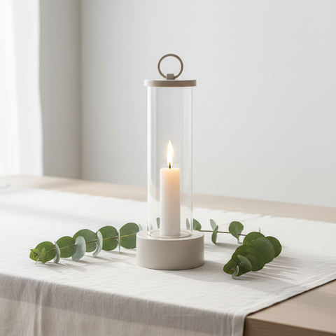 Minimalistisches led outdoor kerze im kunststoffglashänger beige mit weißer kerze und matter beiger basis und oberring