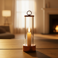 Led outdoor kerze terracotta mit warmem licht im klaren glaslaterne mit holzakzenten und metallringgriff