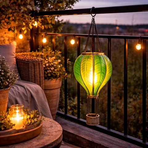 Grüner solar luftballon mit flammeneffekt 20 led mit blattmuster glas und geflochtenem korb am balkon befestigt