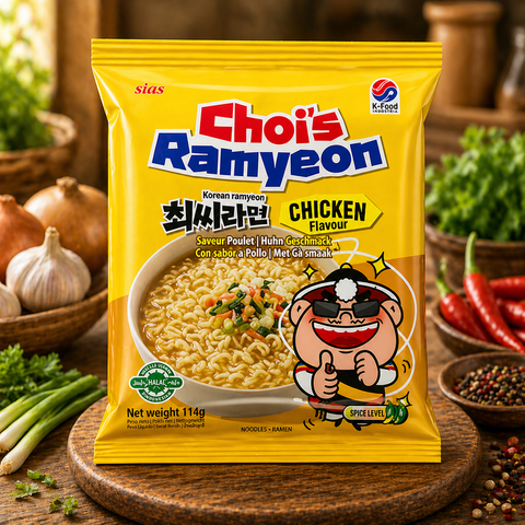 Gelbe packung von sias chois ramyeon instantnudeln in hähnchengeschmack 113 g