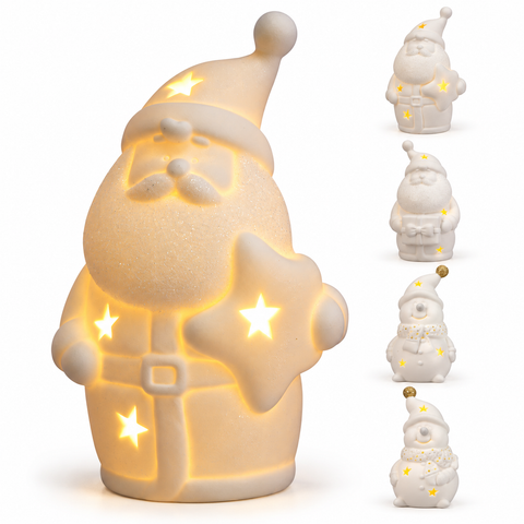 LED Weihnachtsmann Schneemann weiß Porzellan 13 cm