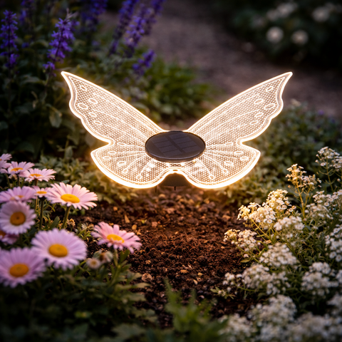 Ein weißer solar schmetterling mit 12 warmweißen led und schwarzem solar panel in filigranem spitzenmuster