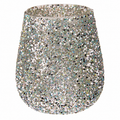 Teelichthalter 13.5cm aus silbernem glas mit dichtem, schimmerndem mosaik aus irisierenden pailletten
