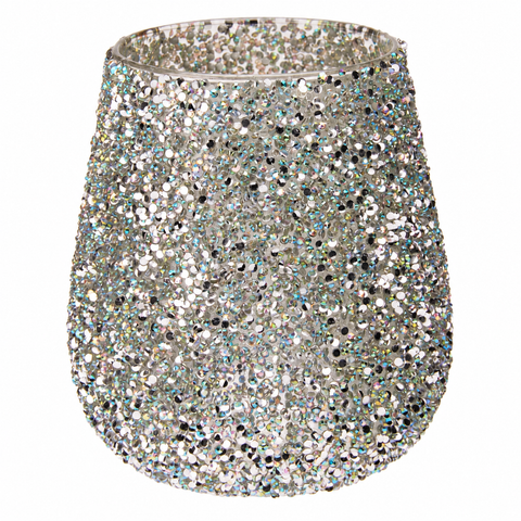 Teelichthalter 13.5cm aus silbernem glas mit dichtem, schimmerndem mosaik aus irisierenden pailletten