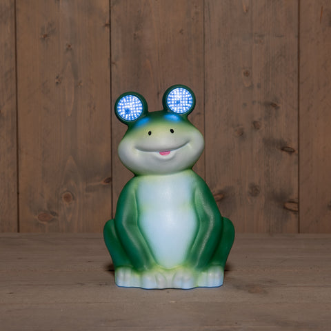 Grüne solar-frosch-nachtlampe aus kunststoff mit leuchtend blauen led-augen und 27,5 cm größe
