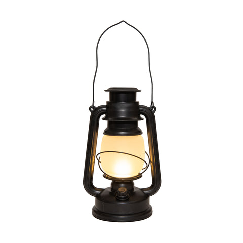Schwarze solar laterne mit 1 led warm leuchtendem glas globe und gebogenem griff 15x12x24cm