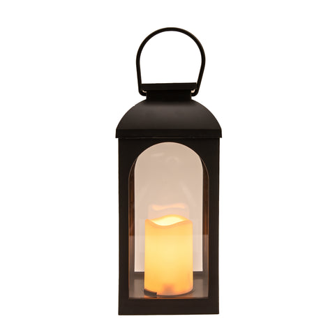 Schwarze solar laterne aus metall mit warm leuchtender led kerze innen 11x27cm