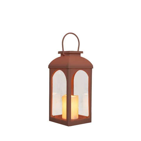 Solar-laterne mit kerze aus kupferfarbenem metall mit bogenförmigen glasfenstern und warm leuchtender led-kerze