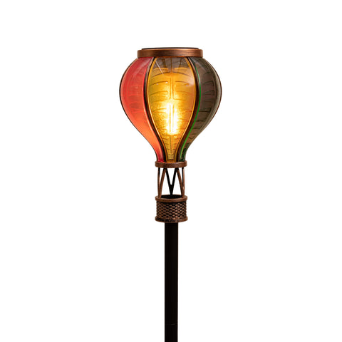 Solar gartenstecker luftballon mit flammeneffekt 12 led kupferrahmen und bunten glasplatten in rot bernstein grün und braun