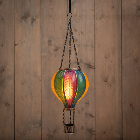 Solar luftballon mit flammeneffekt 14x45cm mehrfarbiger hängelaterne aus buntem glas mit warmem licht und schwarzen ketten