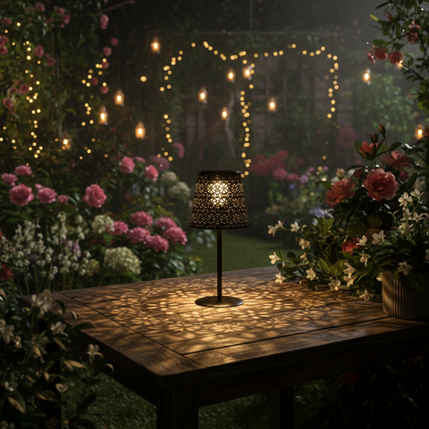 Solar tischlampe metall 12x28cm mattschwarz mit dekorativem schwarzem metall und warmem licht auf holzoberfläche