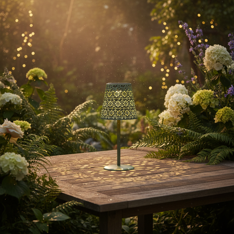 Solar tischlampe metall 12x28cm jadegrün mit grüner lampe und floralen ausschnitten auf holztisch