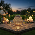 Solar laterne metall in sandfarbe mit kugelförmigem körper und floralen ausschneidungen leuchtet warm