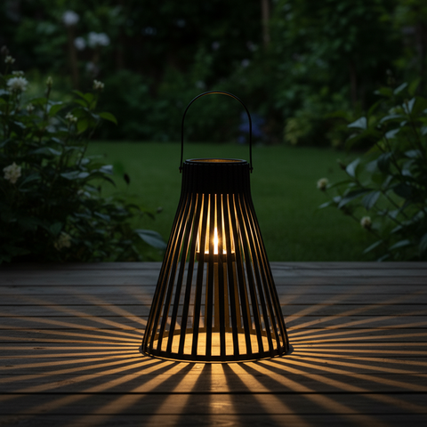 Schwarze solar hängelampe 20x20x24cm mit vertikalen lamellen, die warmes, radial strahlenmuster auf holz werfen