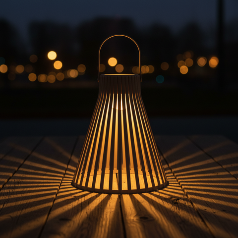 Warme sandfarbene solar hängelampe aus holz mit lamellen und gebogenem metallgriff 20x20x24 cm