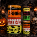 Stapel von absperrbändern 3m 3er set in halloweenfarben orange, gelb, grün, schwarz mit warnhinweisen wie warning und do not enter