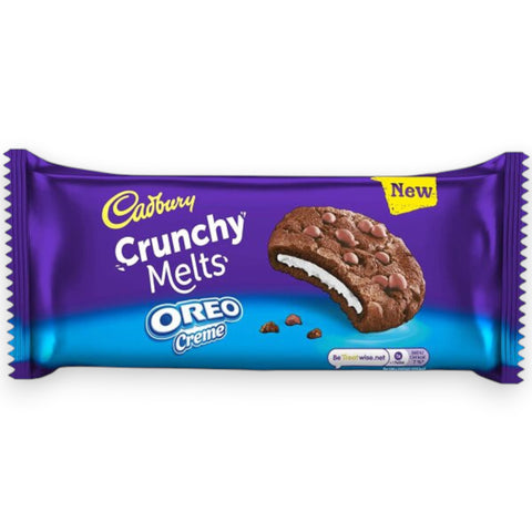 Cadbury crunchy melts oreo 156g schokolade in lila und blau folienverpackung mit goldenem neu sticker