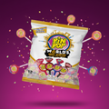 Eine bunte tasche pin pop lollipops in weißer und goldener verpackung mit lebendigen süßigkeitenillustrationen 180g