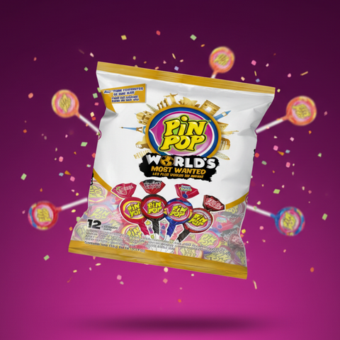 Eine bunte tasche pin pop lollipops in weißer und goldener verpackung mit lebendigen süßigkeitenillustrationen 180g