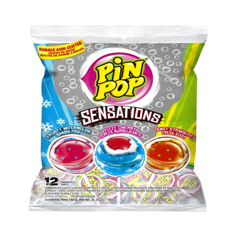 Ein bunter pack pinpop lolly sensation 180g mit glänzenden roten, blauen und grünen doppelten kaugummis