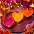 Drei farbenfrohe herzschalen aus glas in rosa gelb und orange auf einem dunklen teller