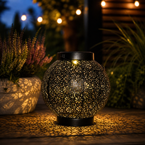 Schwarze metall-solarlaterne mit floralen ausschnitten und warmem licht in mattschwarz 18x19cm