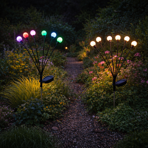 Solar glühwürmchen-leuchte solarbetriebene gartenleuchten mit mehrfarbigen led-lampen auf schwarzen stielen