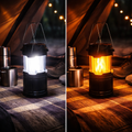 Schwarze campinglaterne 2in1 mit klarglas und metallgriff, zwei leuchtmodi weißes led-licht und warmes flammenlicht