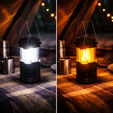 Schwarze campinglaterne 2in1 mit klarglas und metallgriff, zwei leuchtmodi weißes led-licht und warmes flammenlicht