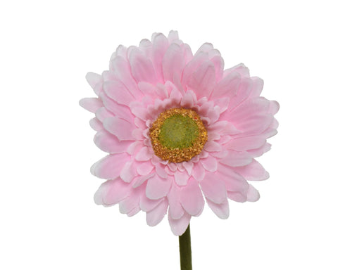 Künstliche gerbera rosa 50cm mit zarten rosa kunstblüten und goldgelbem strukturiertem mittelstück auf grünem stiel