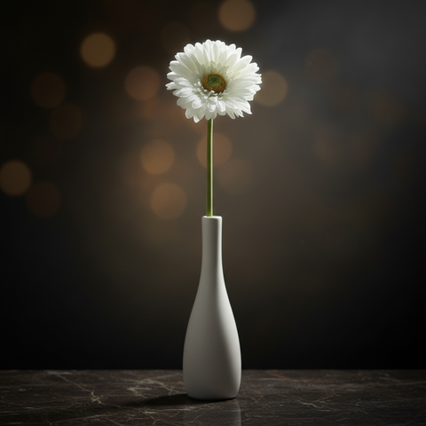 Eine künstliche weiße gerbera 50 cm mit grünem stiel in einer minimalistischen weißen keramikvase