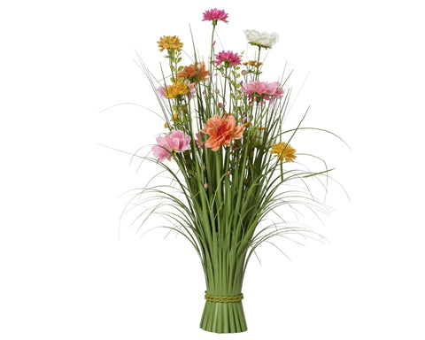 Ein lebhaftes künstliches blumenstrauß frühlingsgras 70cm mit rosa orange gelben weißen blüten und grünen grasstielen