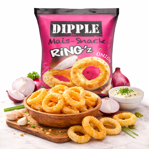 Pink bag of dipple mais-snack ringz 65 g with onion flavored crunchy maize rings snack