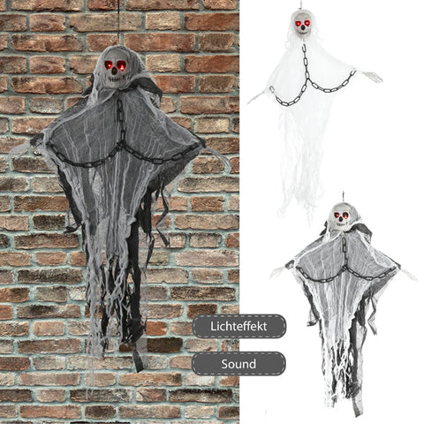 Drei hängende halloween-gespenstdeko mit leuchtend roten augen und kettendetails aus leichtem stoff material