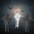 Drei hängende halloween-geisterdekorationen aus leichtem stoff mit leuchtend roten augen und kettendetails im led-skelett-kette-design 60x40 cm