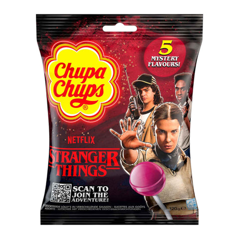 Rote und schwarze chupa chups tasche mit stranger things charakteren und glänzendem finish, 120g packung