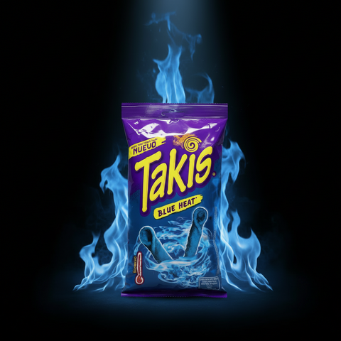 Takis blue heat 90g snackbeutel mit lila und blauem design und feurigem muster