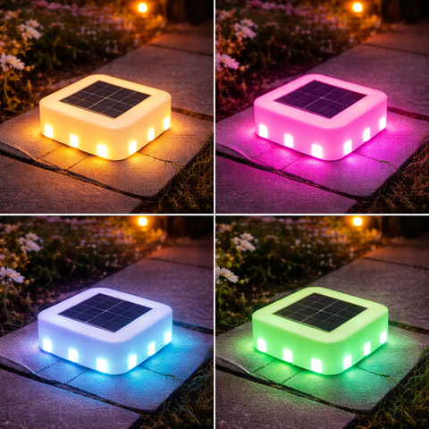 Quadratischer solar wand- und bodenstrahler spirit mit schwarzem panel und led-lichtern in gelb, rosa, blau und grün