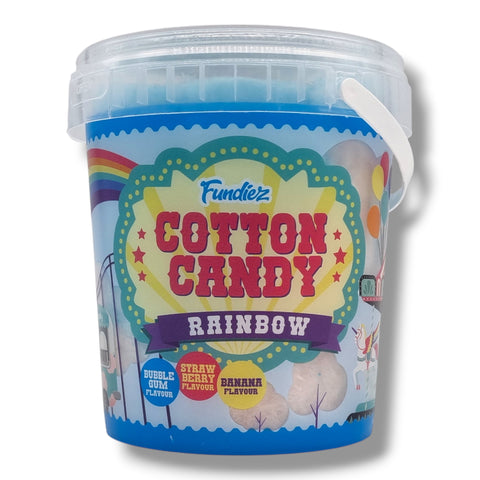 Bunte rainbow cotton candy von fundiez in transparenter plastikdose mit blau weißem label und geschmacksauswahl wie erdbeere und banane