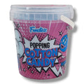 Fundiez popping cotton candy 50g mit rosa und blauer zuckerwatte in klarem plastikbehälter mit weißem henkel