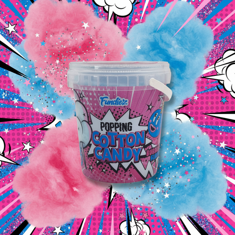 Fundiez popping cotton candy 50g rosa und blaue zuckerwatte in klarem plastikbehälter mit weißem griff
