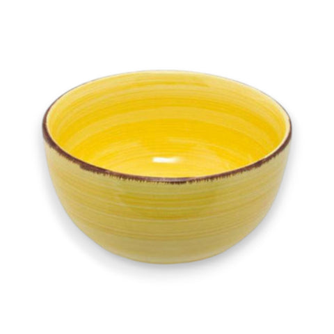 Schale 14 cm aus zitronengelber keramik mit strukturierter rustikaler rand und feinen horizontalen rillen