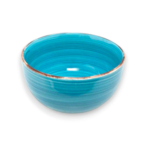 Vibrante türkisfarbene keramikschale 14 cm mit feinen horizontalen rillen und rustikalem braunen rand