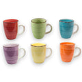 Set aus sechs bunten keramik kaffebechern mit griff und horizontalen streifen in rot grün blau lila gelb orange 340ml