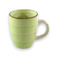 Kaffebecher mit griff 340ml aus keramik in hellgrün mit braunem rand und feinen horizontalen rindungen