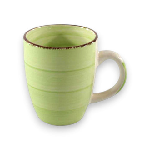 Kaffebecher mit griff 340ml aus keramik in hellgrün mit braunem rand und feinen horizontalen rindungen