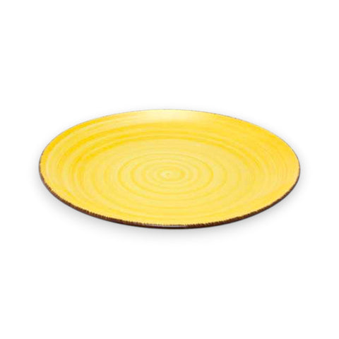 Vibranter teller 26cm in gelb aus keramik mit konzentrischen wellen und braunem strukturierte rand