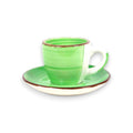 Ein lebhaft grünes keramik espressotasse mit weißem griff und passendem untertasse mit rustikal braunem rand