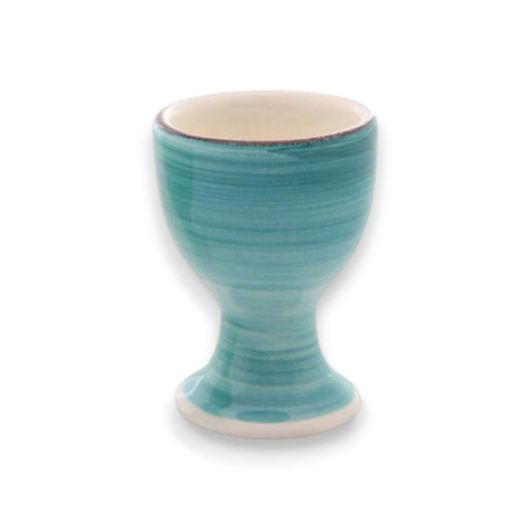 Türkisfarbener keramik-eierbecher 5x7cm mit strukturierter handbemalung und cremefarbenem innenraum